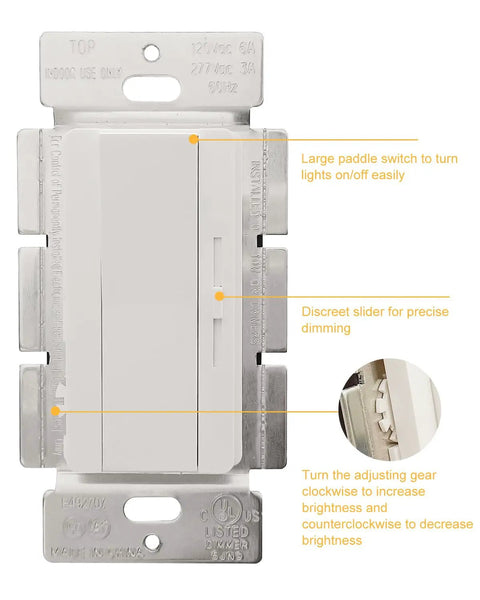 Rock Solid 0-10V LED Dimmer Switch For Single Pole Or Three Way Wiring with large paddle switch and slider for smooth brightness control.