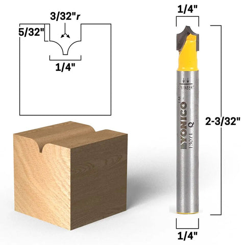 Groove Point Roundover Router Bit Set For Woodworking, 4 Bit Bundle With 1/4 Inch Shank, displayed beside wood block showing groove cut.