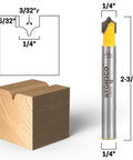 Groove Point Roundover Router Bit Set For Woodworking, 4 Bit Bundle With 1/4 Inch Shank, shown with wood block groove profile.