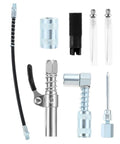 Grease Gun Accessory Kit With 90 Degree Coupler One Eighth Inch Fittings Needle Nozzles Sleeves And A 12 Inch Hose For Tight Spots