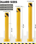 Hella Sturdy Removable Steel Bollards Surface Mounted Parking Barrier 2 Pack Yellow Traffic Posts showing heights 36, 42, 48 inches.