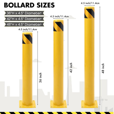 Hella Sturdy Removable Steel Bollards Surface Mounted Parking Barrier 2 Pack Yellow Traffic Posts showing heights 36, 42, 48 inches.
