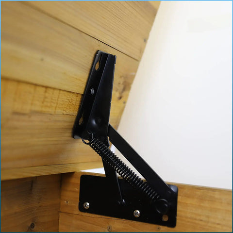 Heavy Duty Furniture Spring Hinges 80 Degree Lift Brackets Built Like A Tank Rock Solid Steel mounted on wooden frame.