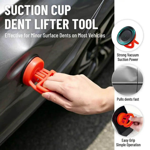 Suction cup dent lifter tool demonstrated on car surface, effective for minor surface dents on most vehicles.