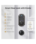 Straight Up Secure Keyless Entry Deadbolt Lock With Fast Fingerprint Scan Bluetooth App Control And Password Backup Key on white door with knobs.