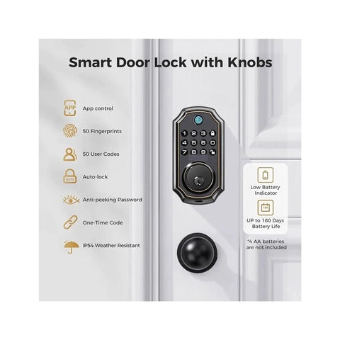 Straight Up Secure Keyless Entry Deadbolt Lock With Fast Fingerprint Scan Bluetooth App Control And Password Backup Key on white door with knobs.