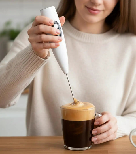 Person using USB Rechargeable Milk Frother Handheld 3 Speed Electric Wand With Digital Display For Creamy Cappuccino Latte Matcha And Hot Chocolate Portable Coffee Mixer For Home Office Travel.