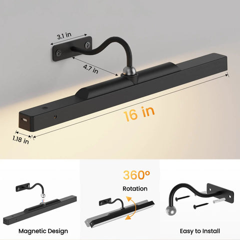 No Fuss Rechargeable Picture Light With Smooth Dimming And High CRI 95 Rating casting crisp even glow on gallery wall art, dimensions 16 in.