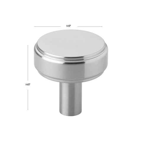 Smooth Round Cabinet Knob Satin Nickel Finish One And A Half Inch Diameter Solid Zinc Construction Durable And Easy DIY Friendly Install With Included 8 By 1 Inch Screw And Cut Off Screw Modern Kitchen Cabinet Hardware side view