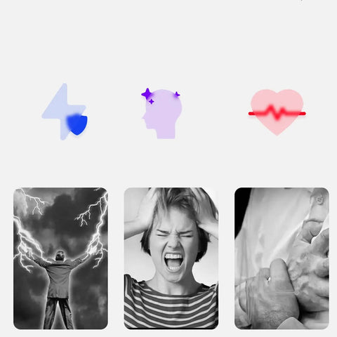 Abstract icons and black-and-white images representing stress, electricity, and touch, suggesting emotional and physical impact.