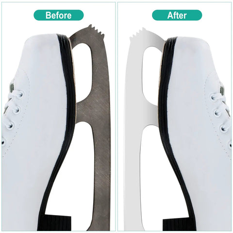 Ice skate blade with rust before and after using 12 Piece 2 Inch Abrasive Bristle Disc Go-To Set For Drill With 50 80 120 Grits.