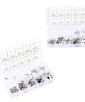 Heavy Duty Stainless Steel Snap Ring Set Kit 120 Pieces With 10 Sizes M1.5 To M10 for shaft positioning and maintenance in plastic box.