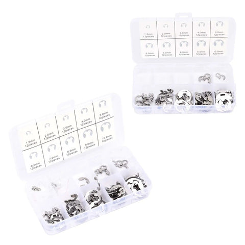 Heavy Duty Stainless Steel Snap Ring Set Kit 120 Pieces With 10 Sizes M1.5 To M10 for shaft positioning and maintenance in plastic box.