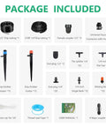 Package contents of 256Ft Drip Irrigation Kit For Backyard Garden Greenhouse That Keeps Your Lawn Lush With 210Ft 1/4 Inch Tubing 46Ft 1/2 Inch Hose Barbed Tees Drip Emitter Streams And Vortex Emitters Easy Auto Watering System For Plants And Yards