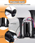 Straight Fire 12V Dual Trumpet Air Horn Kit Crankin Out A Massive 130dB Blast with ABS material and metal base.