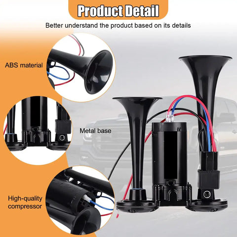Straight Fire 12V Dual Trumpet Air Horn Kit Crankin Out A Massive 130dB Blast with ABS material and metal base.