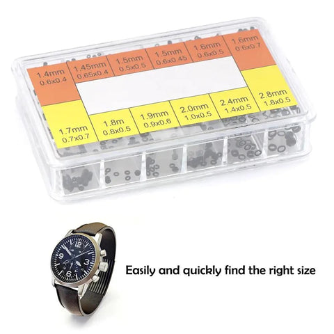 Pro Grade 700 Pcs Watch Crown O Ring Kit With 12 Sizes From 1.4mm To 2.8mm Rubber Gaskets in labeled box, watch shown