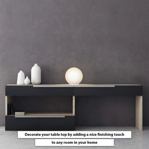 Rondo Round Table Lamp with glass ball shade on modern console, 8 inch white frosted opal globe light in living space.
