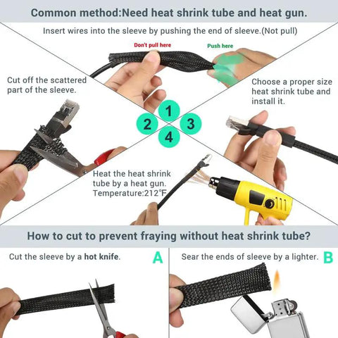 Instructions for using 100 Ft PET Expandable Braided Wire Sleeving One Quarter Inch Black Cable Loom with heat gun and shrink tube.