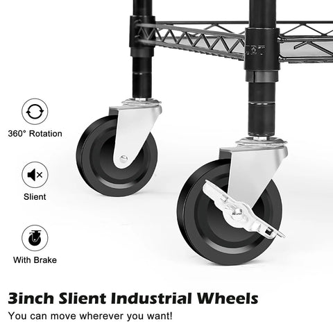 Close-up of Heavy Duty 3 Tier Wire Rolling Utility Cart with wheels, showing lockable 3-inch silent industrial wheels