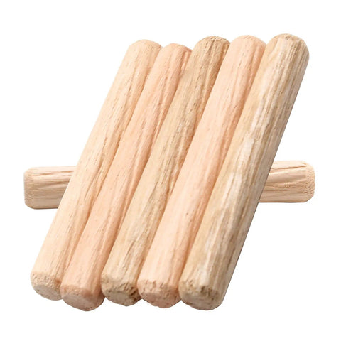 Premium Hardwood Birch Dowel Pins 120 Pieces One Quarter X Two Inch Fluted Joinery Rods Smooth Finish stacked set.