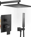 Black 10 Inch Square Rain Shower System With Two Functions Pressure Balancing Wall Mount Luxury Shower Mixer Includes Rough In Valve Body And Trim All Brass Construction