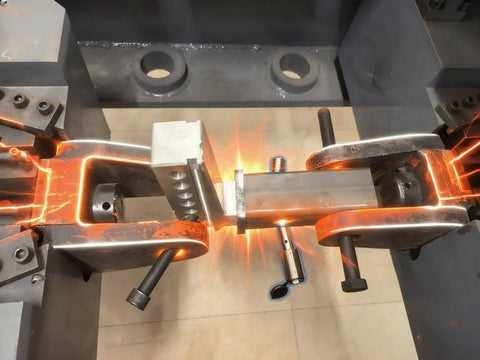 Metal testing process showing clamps and equipment in an industrial setting, focusing on structural stress points and durability.