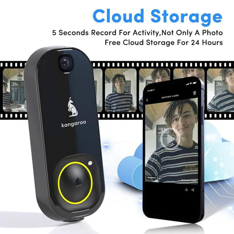 Wireless Doorbell System With Two Doorbells And Two Chimes, Battery Powered, Two Point Four GHz WiFi, Motion Detection, shown with smartphone app display.