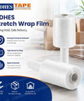 Pro Level Mini Stretch Wrap With No Sweat Handle 5 Inch By 1000 Feet 80 Gauge Cast Film 8 Pack rolls showcased on a surface.