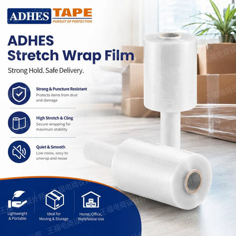 Pro Level Mini Stretch Wrap With No Sweat Handle 5 Inch By 1000 Feet 80 Gauge Cast Film 8 Pack rolls showcased on a surface.
