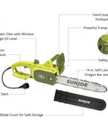 Diagram showing features of 14-Inch 9-Amp Electric Chainsaw For Tree Limb Trimming And Pruning With Auto Oiler Low Kickback Safety Switch