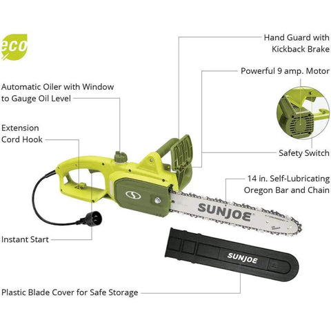 Diagram showing features of 14-Inch 9-Amp Electric Chainsaw For Tree Limb Trimming And Pruning With Auto Oiler Low Kickback Safety Switch