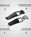 Heavy Duty Spring Toggle Latch For Toolboxes And Storage Cases Solid Iron With Electro Plating showcasing black iron design and installation details.