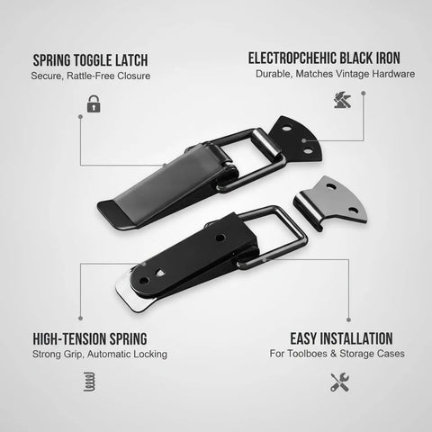 Heavy Duty Spring Toggle Latch For Toolboxes And Storage Cases Solid Iron With Electro Plating showcasing black iron design and installation details.