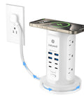 Straight Up Essential Power Strip Tower And Charging Station With Nine AC Outlets And Eight USB Ports, top view with phone charging and retractable cord.