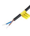 Close-up of a DC 12V wire with labeled terminals for Two Pack DC 12V LED Flood Lights 50W 4500 Lumens 6500K Daylight White Outdoor Security Flood Lamps IP65 Waterproof For Patio Deck Garage Car Boat Use Anywhere You Need