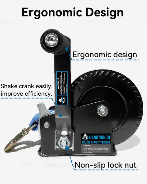 Heavy Duty Boat Trailer Winch 1600Lbs With 26ft Strap, 4:1 Gear Ratio Hand Crank Winch, ergonomic design close-up