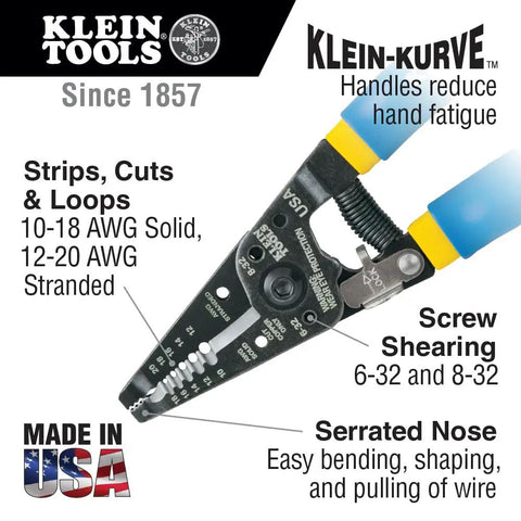 Go To All In One Electrical Tester Kit With Wire Stripper Cutter, Klein Tools branding, details on functions and Made in USA symbol.