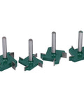 Cool Four Piece T Slot Router Bit Set With 1/4 Inch Shank, four green bits with metal shanks for CNC milling projects.