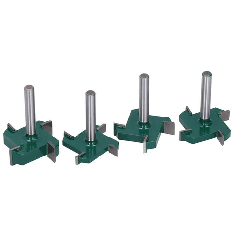 Cool Four Piece T Slot Router Bit Set With 1/4 Inch Shank, four green bits with metal shanks for CNC milling projects.