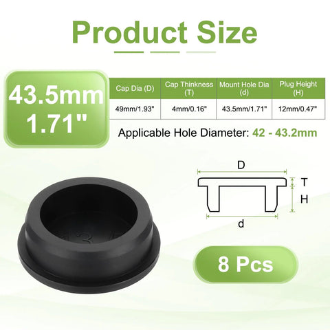 Silicone Hole Plugs Eight Pack 43.5mm High Temp T Type Rubber Stoppers size chart and product diagram
