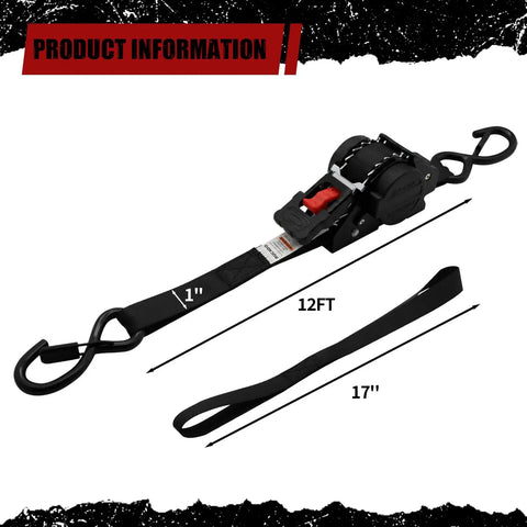 4 Pack Auto-Retractable Ratchet Tie Downs 1 Inch by 12 Foot Cargo Straps with hooks for secure load tightening.