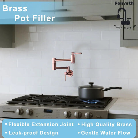 Rose Gold Pot Filler Faucet Wall Mount with Folding Extendable Arm above a stove, kitchen setting