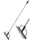 Close-up of 15 Inch Wide Bow Rake With 16 Steel Tines And Stainless Steel Handle For Loosening Soil Leveling Mulch Gathering Leaves