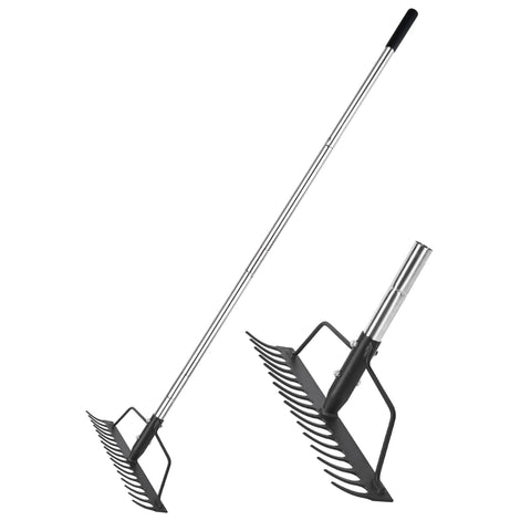 Close-up of 15 Inch Wide Bow Rake With 16 Steel Tines And Stainless Steel Handle For Loosening Soil Leveling Mulch Gathering Leaves