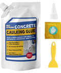 Professional Grade Concrete Caulk And Strong Cement Sealant Bonding Adhesive For Rapid Crack Filling That Sets Quick to Block Water Leaks and Keep Pavement Looking Rock Solid 500ml pouch with nozzle, spatula, and protective gloves.