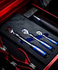 Three Piece Extendable Ratchet Set With Half Inch Drive, Three Eighths Inch Drive, And Quarter Inch Drive in toolbox