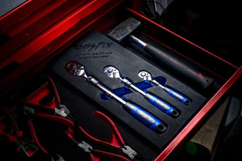 Three Piece Extendable Ratchet Set With Half Inch Drive, Three Eighths Inch Drive, And Quarter Inch Drive in toolbox