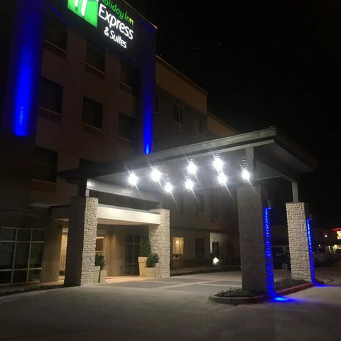 Beast Bright Outdoor Canopy Light 45W LED Over 5100 Lumens Daylight 5000K illuminating hotel entrance at night