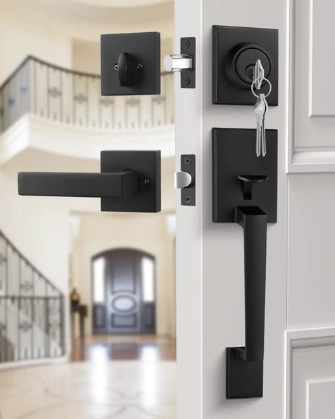 Front Door Handle And Deadbolt Set In Black With Reversible Lever For A Modern Look And Secure Entry, Single Cylinder Lock, Easy Install, Durable Hardware Upgrade For Curb Appeal And Everyday Peace Of Mind